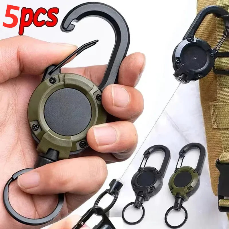 1/5pcs Heavy Duty Retractable Pull Badges ID Reel Carabiner Key Chain Steel Wire Rope Buckle Key Holder Outdoor Keychain Tools Vue