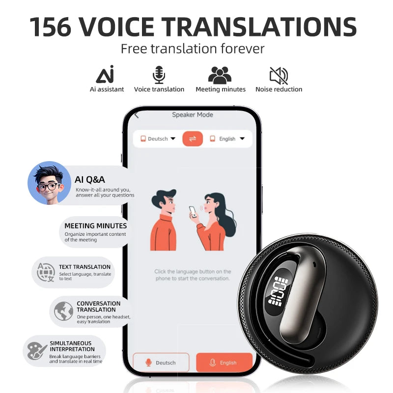 Bluetooth Translation Headset X56 Dual Earhook Headset Compact Portable Headphones With Feature Smart Digital Display Vue
