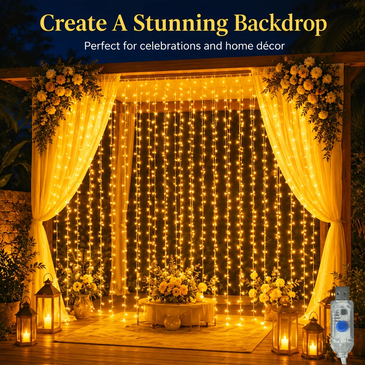 Remote-Controlled LED Curtain Lights USB Powered - 8 Lighting Modes Hanging Fairy String Light for Indoor Outdoor Decoration Vue