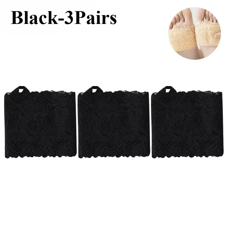 1-10Pairs Women Half Toe Socks Lace Trim No Show Anti Slip for High Heels Pumps Flats Breathable Thin Invisible Summer Vue Black-3Pairs One Size