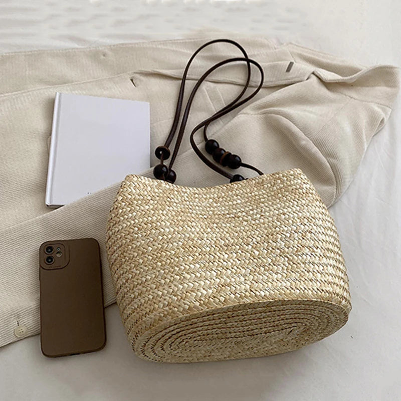 Niche Forest Bucket Bag Wooden Bead Magnetic Buckle Shoulder Retro