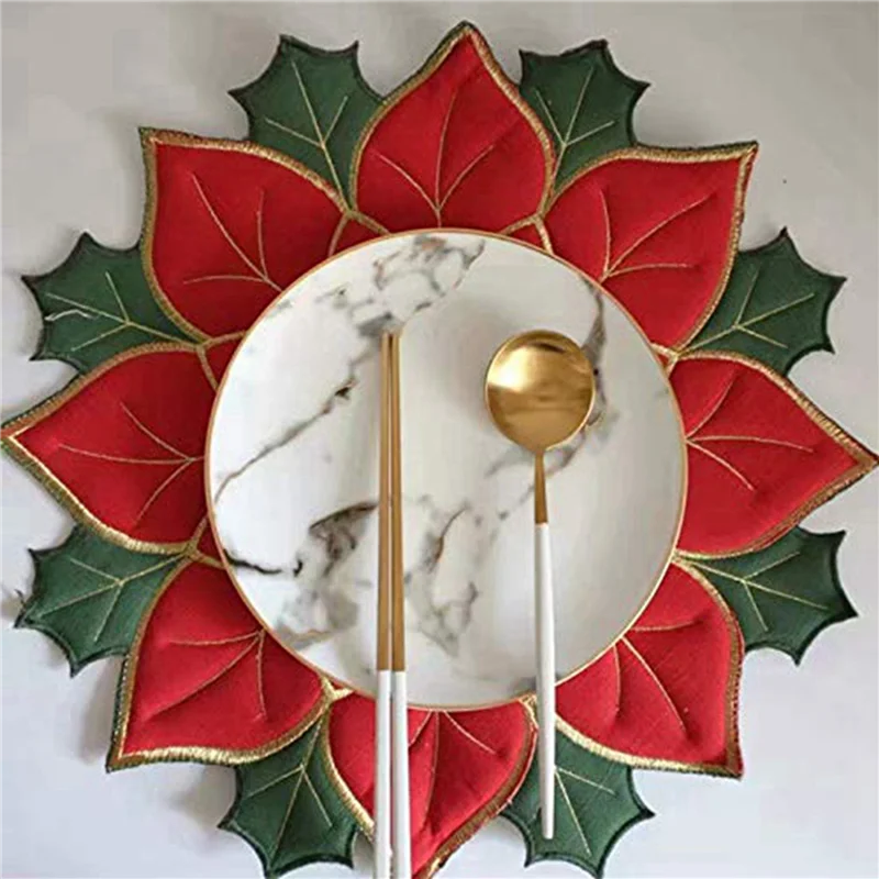 ABKW-8X Holiday Christmas Embroidered Placemats Applique Poinsettia Placemats Christmas Flower Placemat A Vue