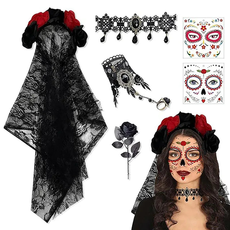1-5Sets Halloween Lace Veil Headband with Rose Necklace and Bracelet Day of the Dead Costume Accessory for Party Favor Vue