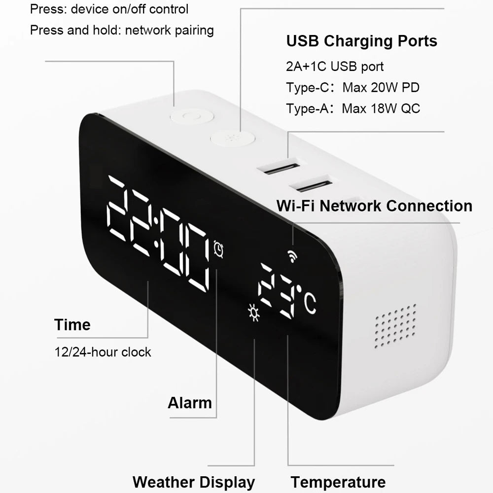 Tuya WiFi Smart Alarm Clock USB Desktop Fast Charging Socket Weather/Temperature Display Alarm Clock Timer App Voice Control Vue
