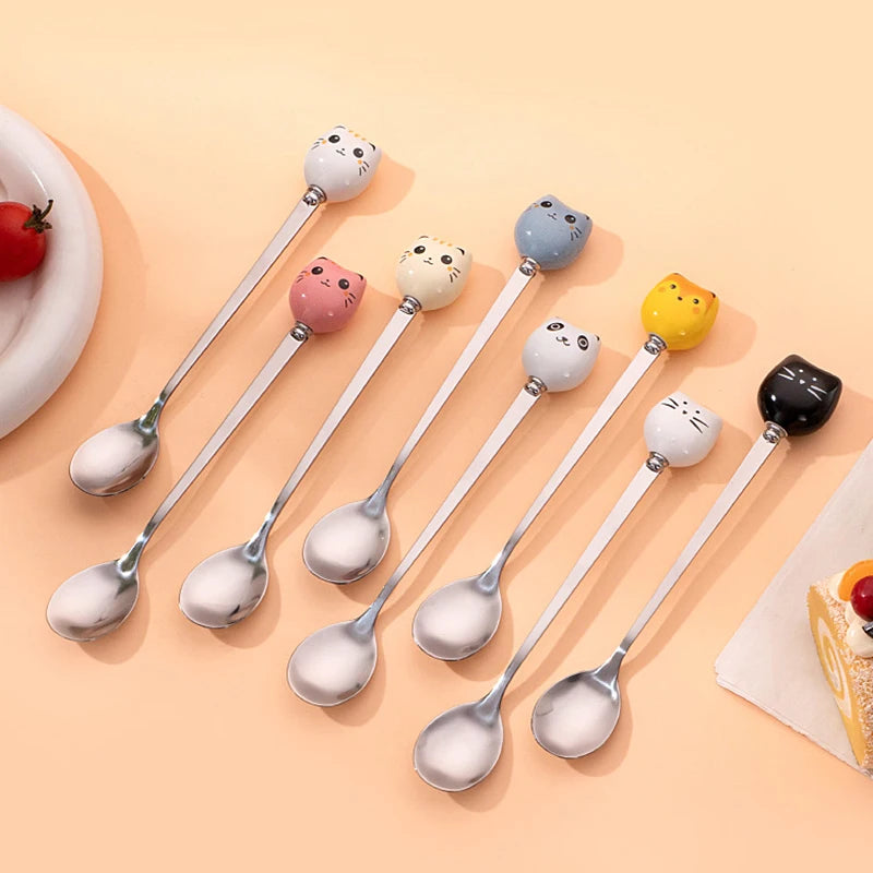 Coffee And Dessert Spoons Flatware Kitchen Tools Ice Cream Cartoon Stirring Spoon Stainless Steel Long Cat Handle Ceramic Spoon Vue