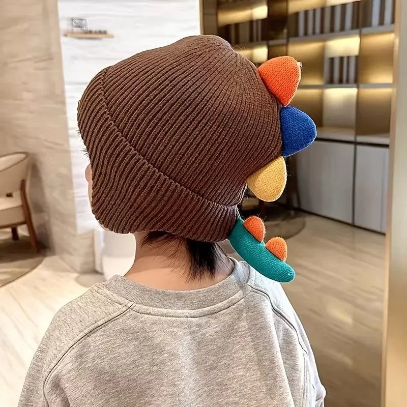 1-4PCS Cute Dinosaur Pattern Earflap Beanie for Boys Girls Knitted Fleece Lined Warm Winter Hat with Pom Pom for Snow Skiing Vue
