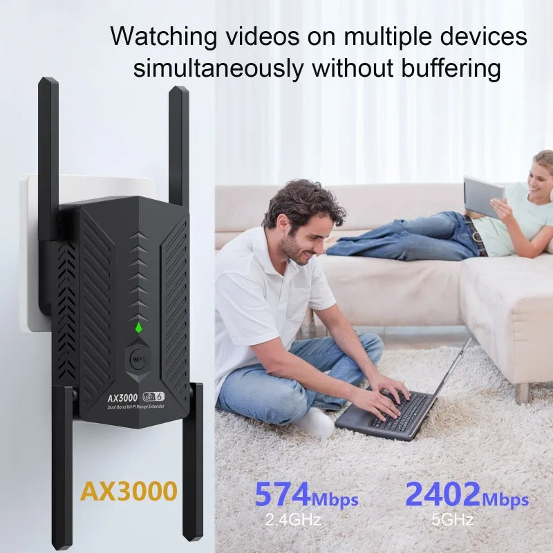 AX3000 WiFi6 Repeater Extender Booster Dual Band 2.4G/5GHz Wi-Fi 6 Signal Amplifier Long Range Network Router for Home Office Vue