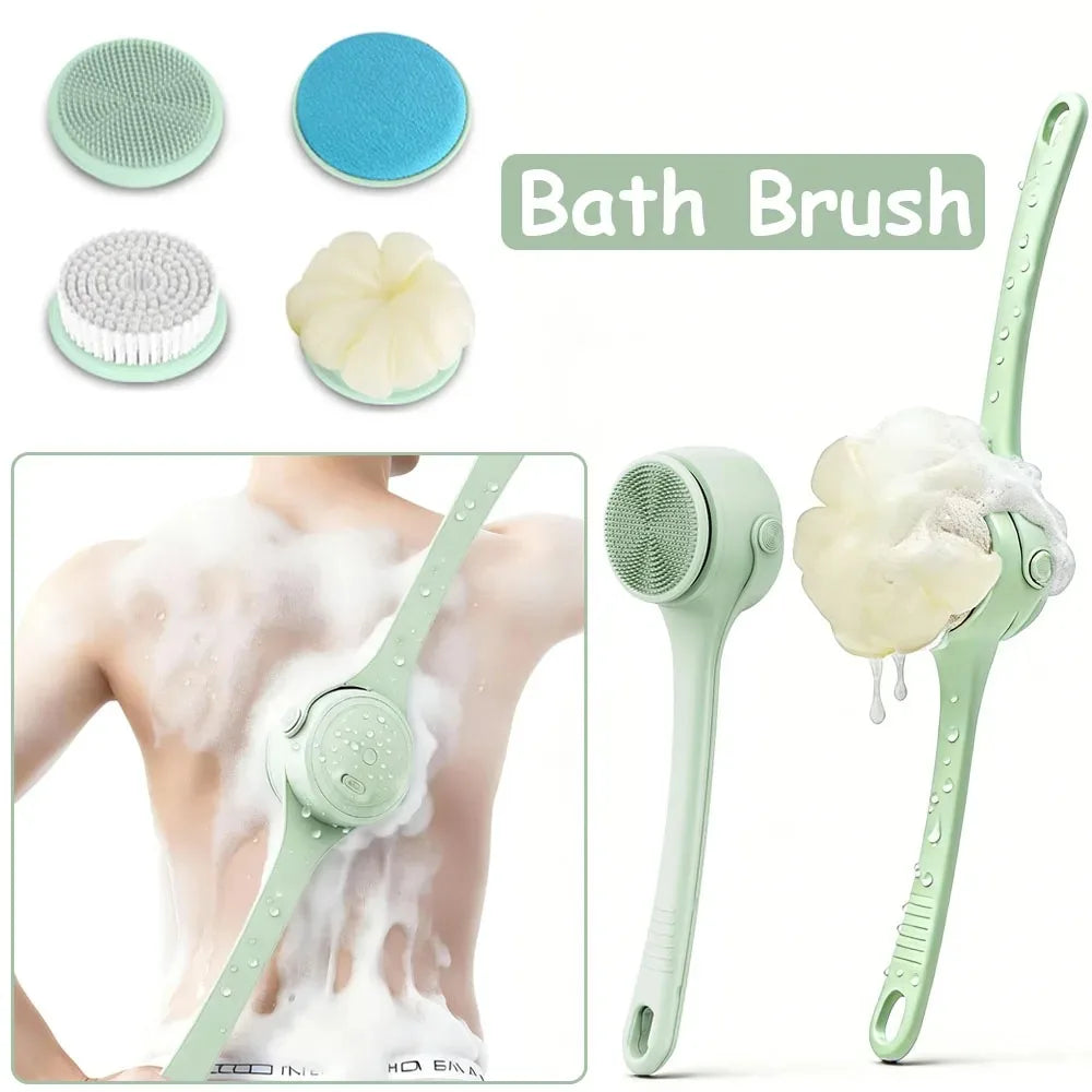 Electric Body Brush 4 Heads Waterproof Long Handle Shower Back Scrubber USB Rechargeable Exfoliating Bath Cleaning Brush Vue green