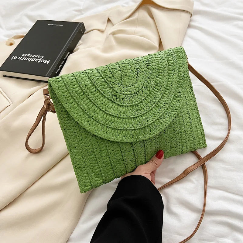 Summer Travel Beach Bag Straw Woven Clutch Fashion Designer Crossbody Vue green 28x2x20cm