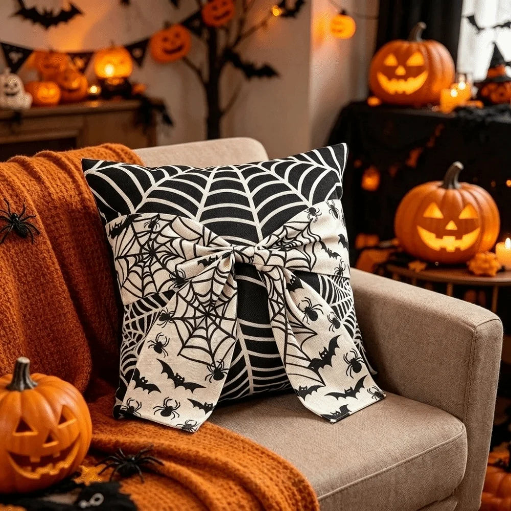 Gothic Style Halloween Ghost Pillowcase Washable Wear Resistant Spider Web Cushion Cover Comfortable Soft Square Pillow Covers Vue Black