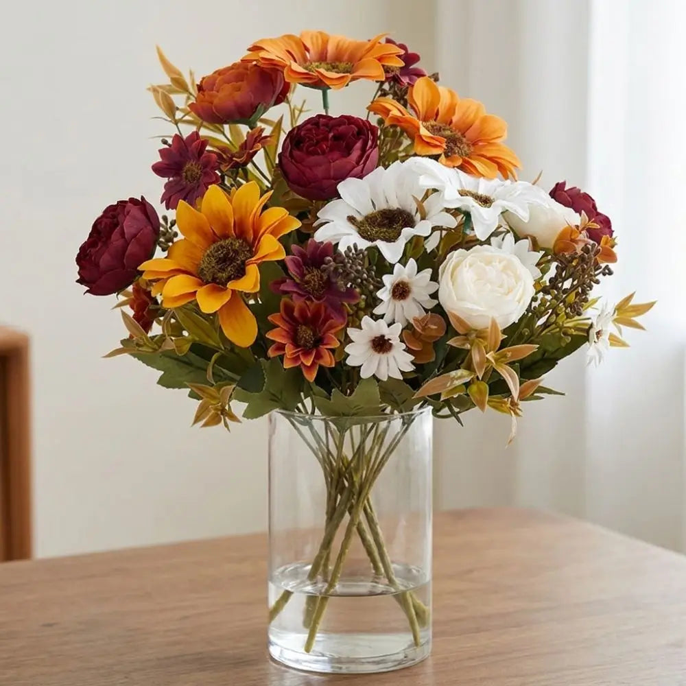 Rustic Fall Autumn Sunflower Peony Bouquet Mixed Floral UV Resistant Sunflower Floral Decor Real Touch Lifelike Vue