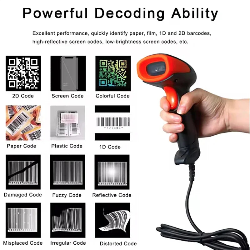 2D Handhel Barcode Scanner with Holder Portable 2.4G Wireless Bluetooth 1D 2D QR Code Reader Wired Bar Code Scanner with Stand Vue