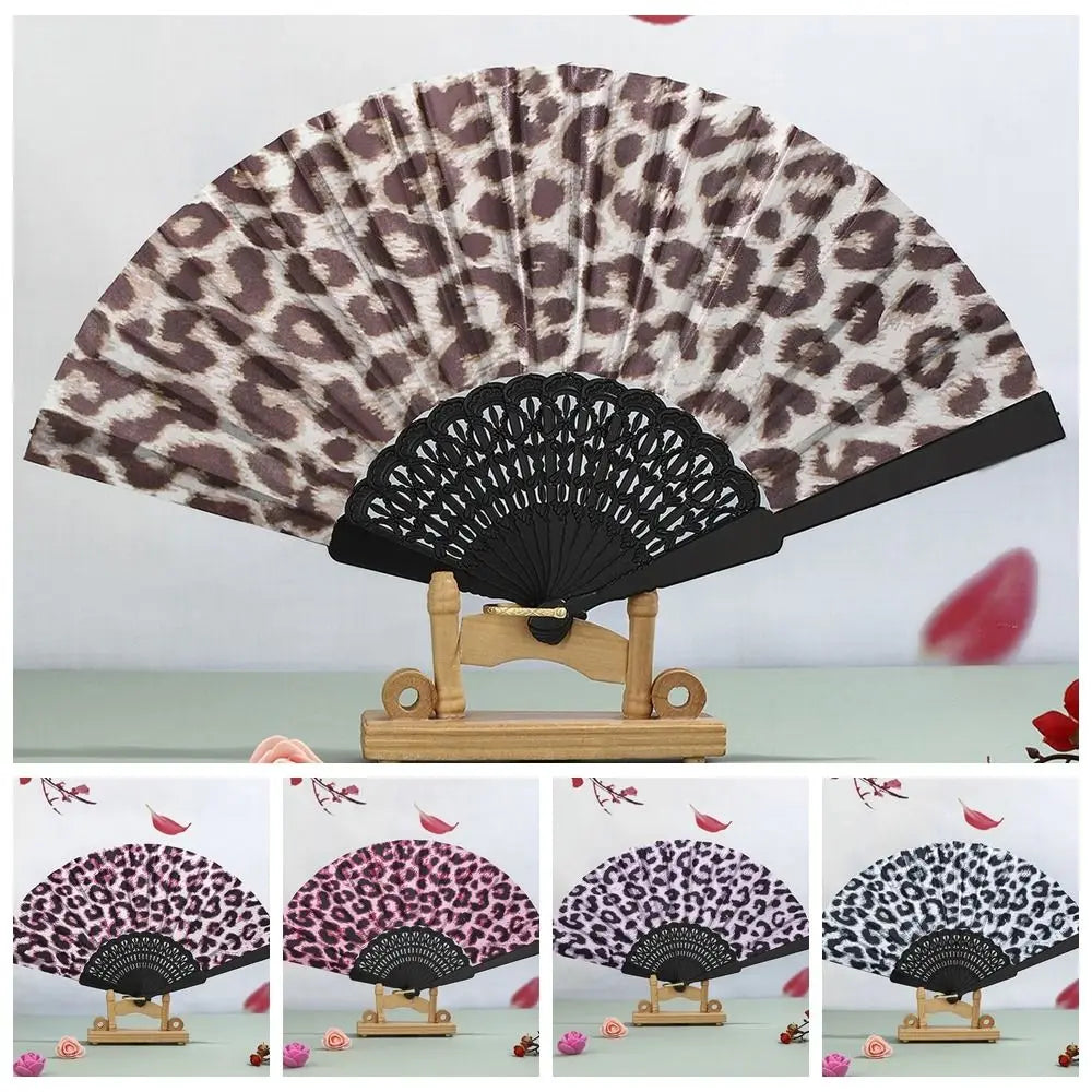 Fashion PP Folding Fan Leopard Print Black Pole Hand Fold Handheld
