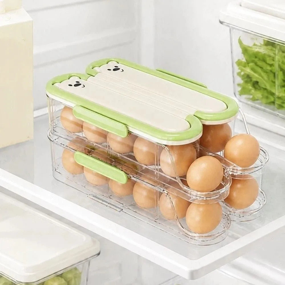 Food Grade Automatic Rolling Egg Container Transparent Large Capacity Large Egg Holder Stackable with Lid Refrigerator Egg Rack Vue
