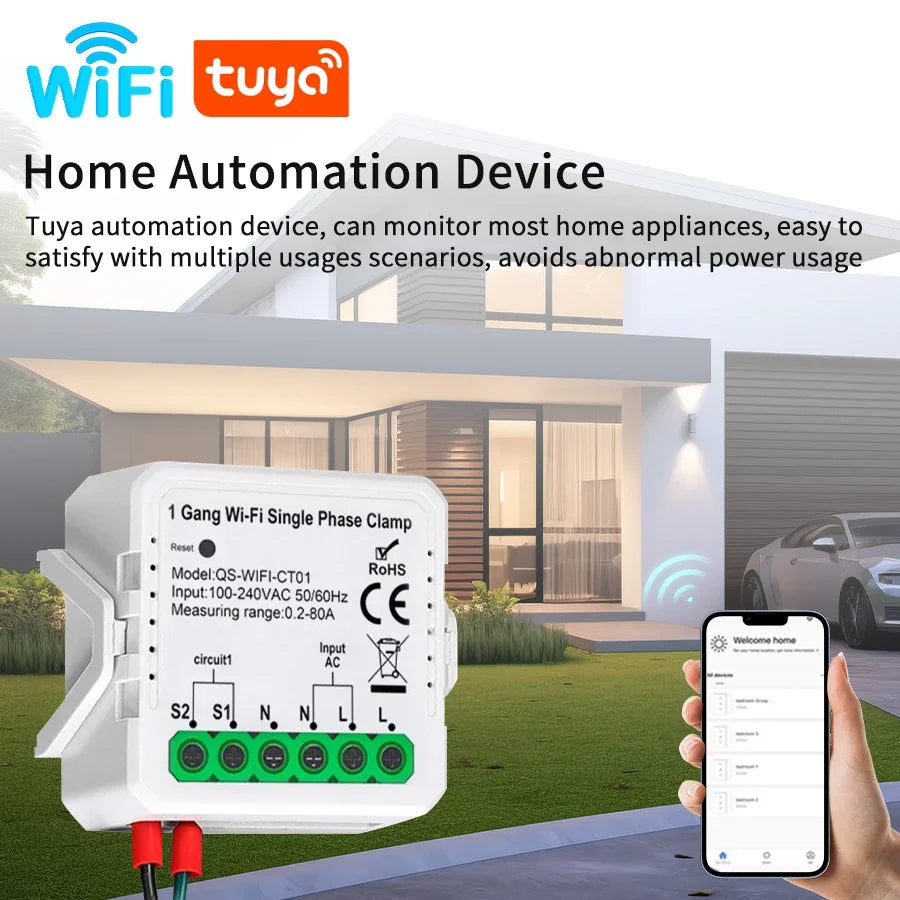 Tuya Smart Wifi Energy Meter Current Sensor Statistician for Solar PV System Home Power Monitor 110-240V 80A Single Phase Clamp Vue