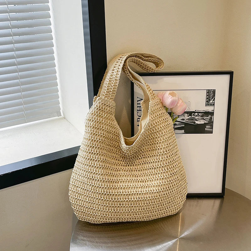 Solid Woven Tote Bag Hollow Out Breathable Shopping Straw Lightweight