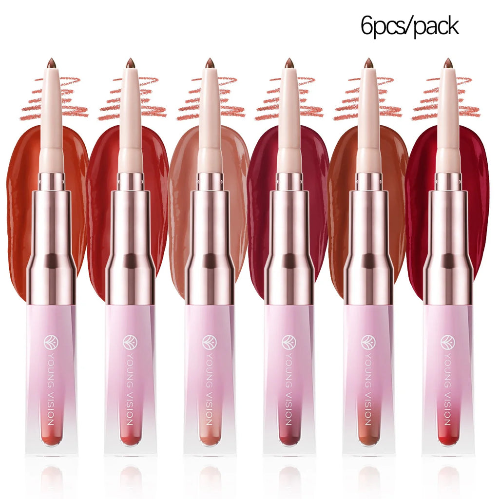 6-color dual-ended lip liner +Lip Gloss mirror hydrating gradient Lip Tint, Matte Finish, Velvet Liquid Lipstick Vue 8169-6PCS