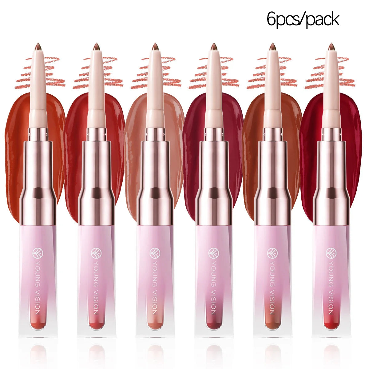 6-color dual-ended lip liner +Lip Gloss mirror hydrating gradient Lip Tint, Matte Finish, Velvet Liquid Lipstick Vue 8169-6PCS