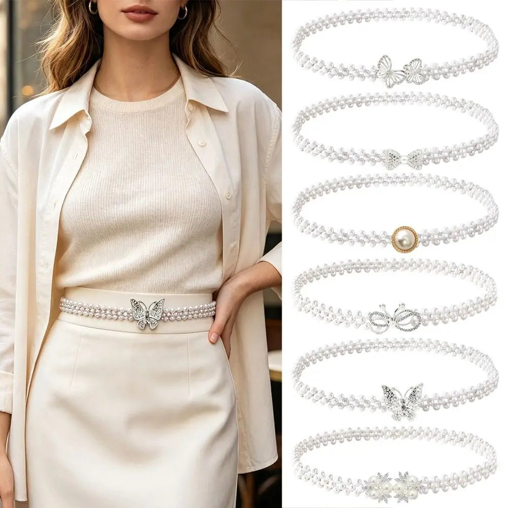 Pearl Beads Waist Chain Stretch Elastic Band Thin Narrow Waistband