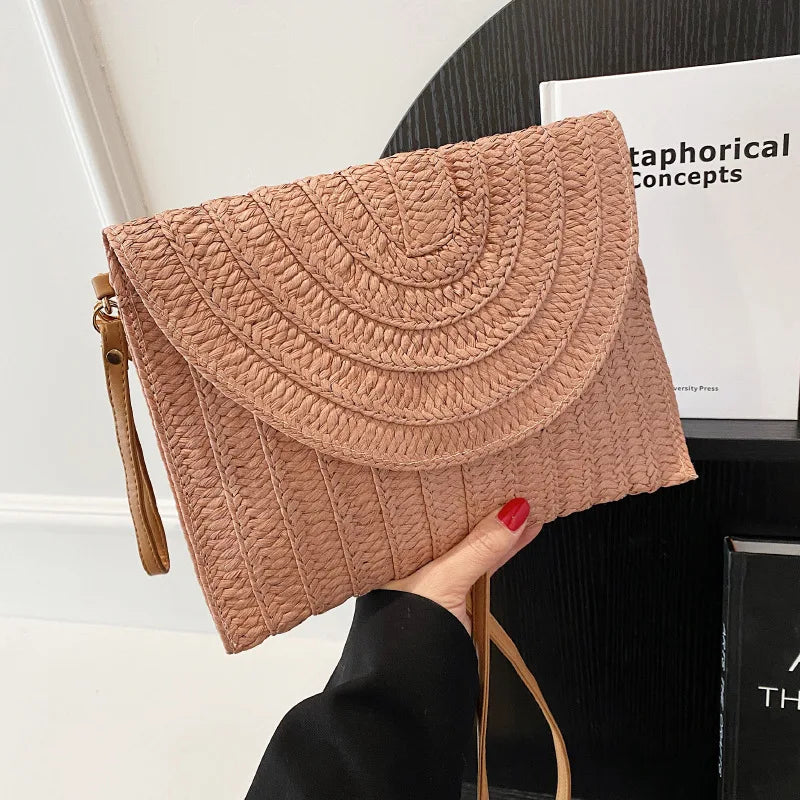 Summer Travel Beach Bag Straw Woven Clutch Fashion Designer Crossbody Vue pink 28x2x20cm