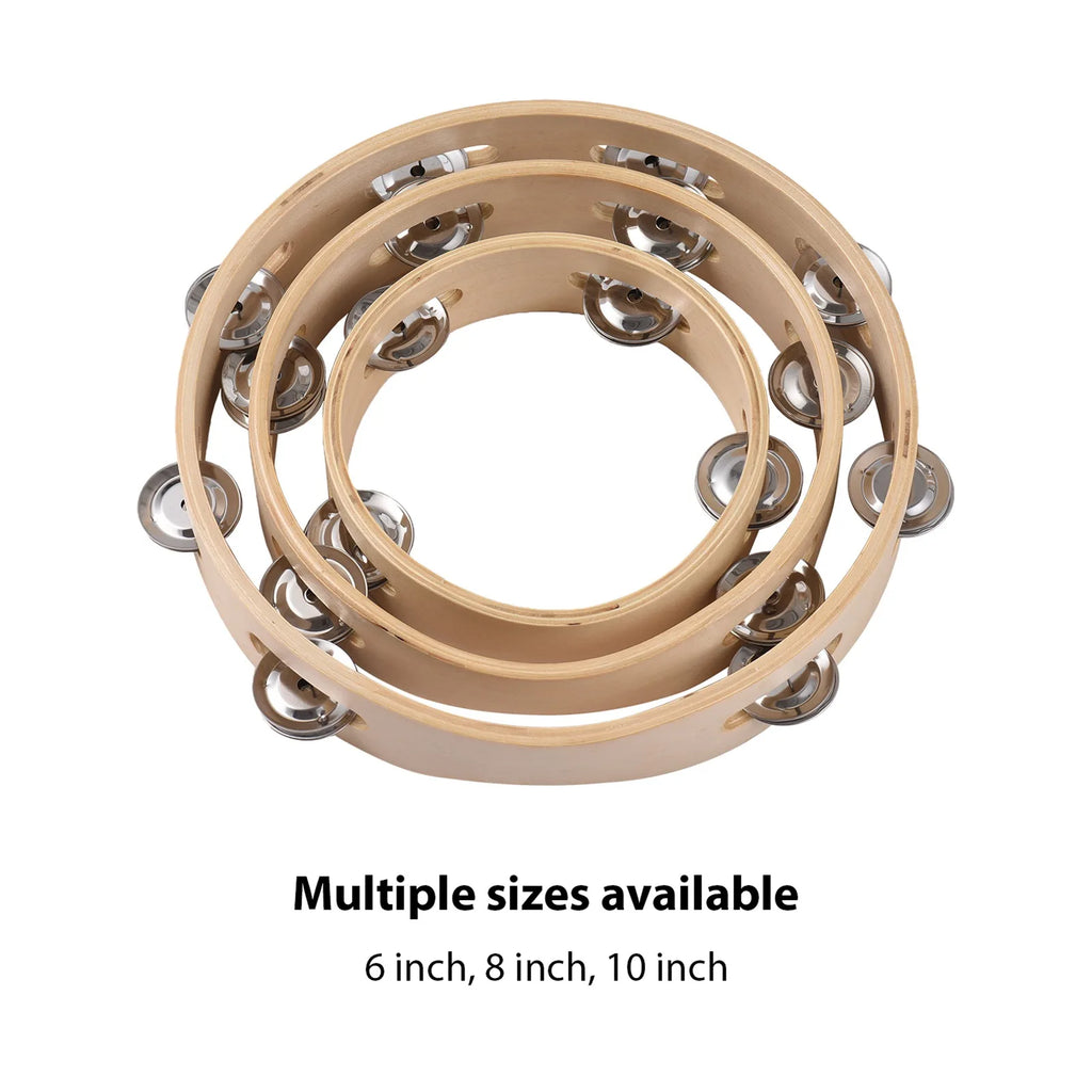 8 Inch Tambourine for Adults Pleasant Jingle Sound Hand Cranked Bell Rings Wooden Natural Color Metal Bell Sound Percussion Vue