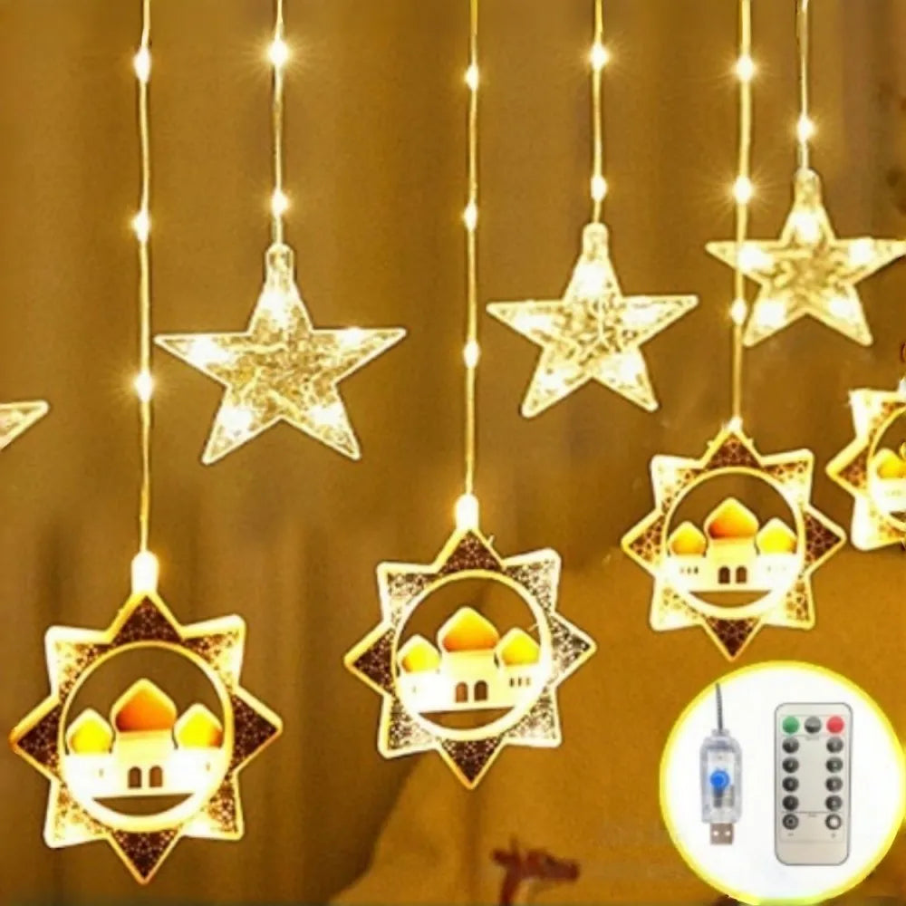 1PC USB Powered Ramadan Indoor Moon/Star Castle Leather Curtain Light,8 Modes Hanging Fairy Light for Muslim Festival Home Party Vue Star Castle 3M 1PC Warm White