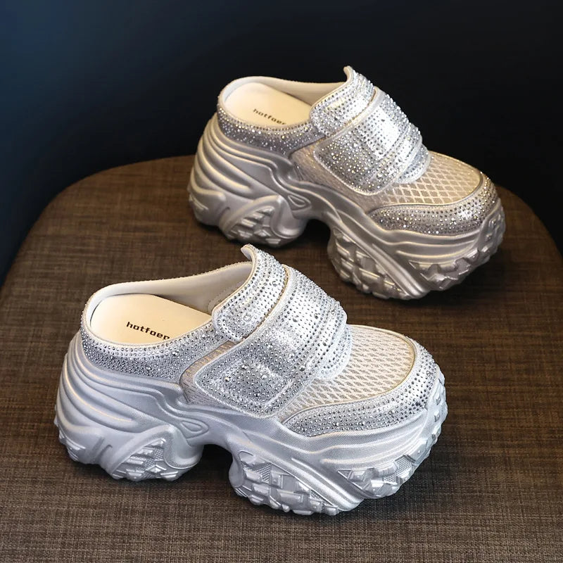 Women's Platform Sandals Rhinestone Closed Toe Chunky Sole Platform Sandals Vue Silver 38