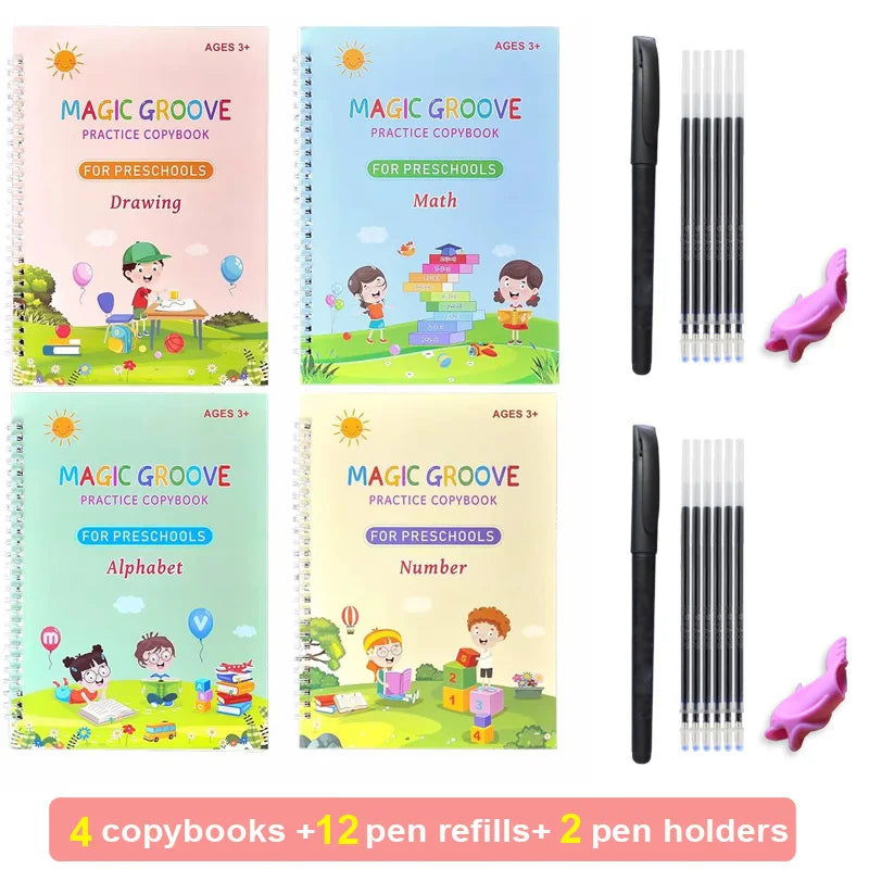 Magic Copybook for Kids Reusable Grooves Calligraphy Writing 3D Grooved Handwriting Book English for Children Beginners Gifts Vue 4 PCS copybook set