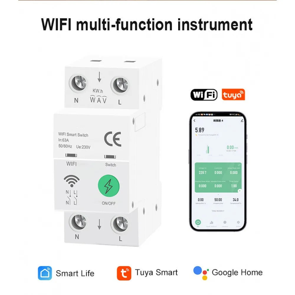 2P 63A Tuya WiFi Smart Circuit Breaker DIN Rail Overload Protection APP Remote Voice Control Timer Switch Works with Smart Life Vue