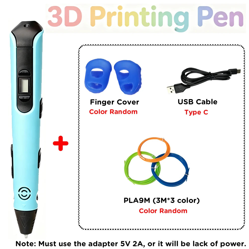 3D Printing Pen Kids with LED Display Creative DIY Drawing Pen Non-Toxic PLA Filament Art Craft Pen for Children Boys Girls Gift Vue Blue with 9M PLA Filagment