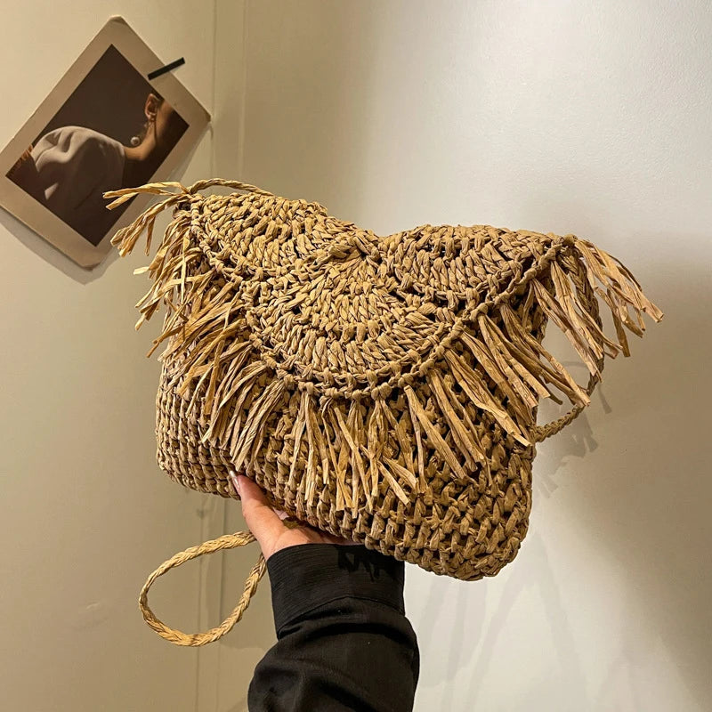 Summer Beach Women Tassels Straw Rattan Weave Shoulder Crossbody Bag Vue Brown 23x1x19cm
