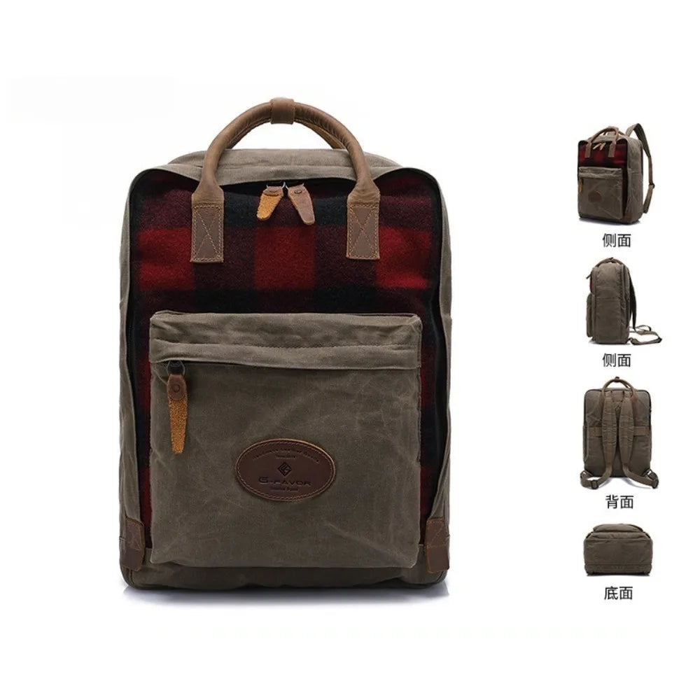 Popular Oil Wax Canvas British Plaid Backpack Men's Large Capacity Thickened Wear-resistant Trend Vue