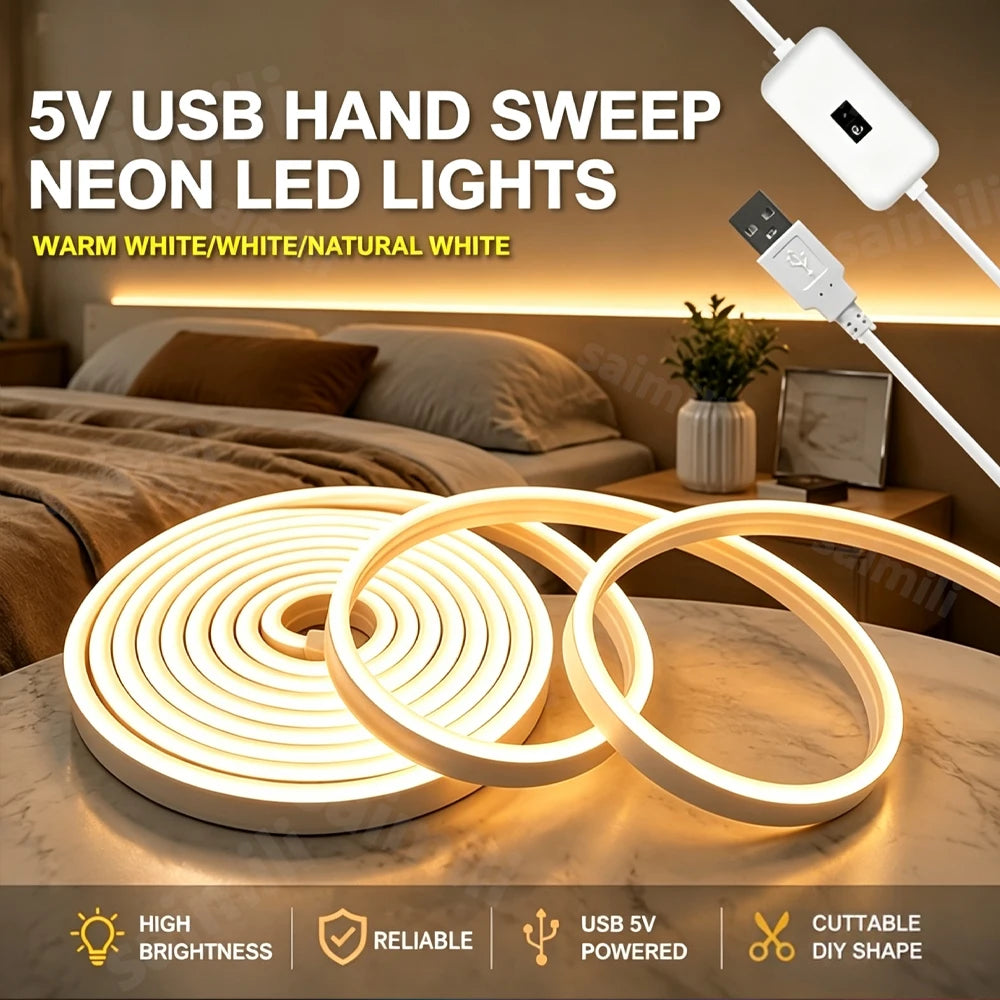 USB LED Neon Strip Light Hand Sweep Sensor Control Dimmable Waterproof Flexible Rope Lamp For Bedroom Living Room DIY Lighting Vue