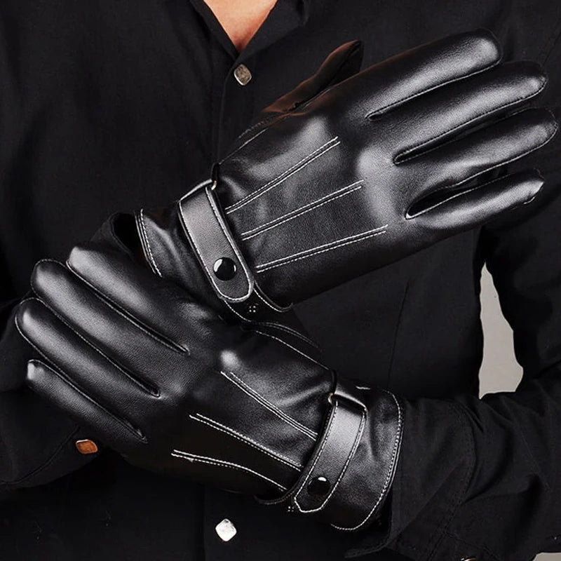 Men Winter PU Leather Black Gloves Button Warm Mittens Outdoor Sports Driving Skiing Men's Windproof Gloves Winter Supplies Vue one size