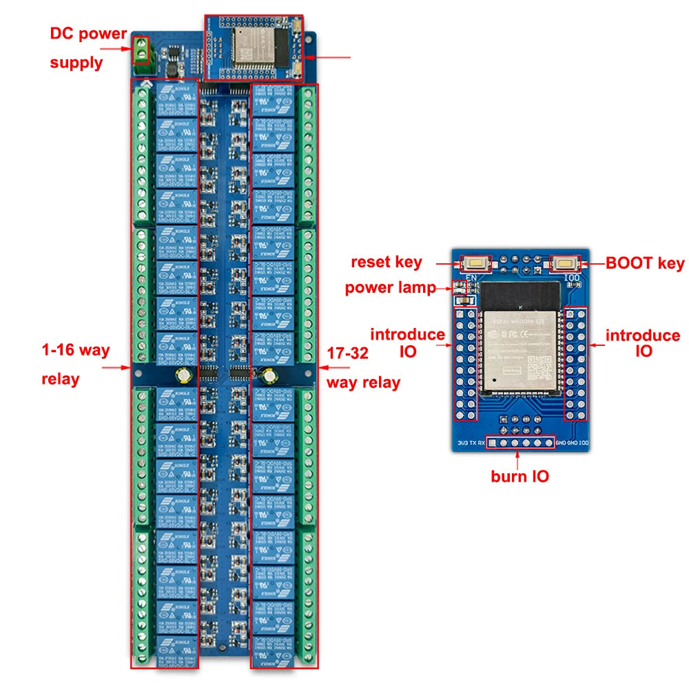 DC5V/DC12V/DC24V ESP32 32 Channel Relay Module ESP32-WROOM Development Board Secondary Development Relay Module Smart Home Relay Vue