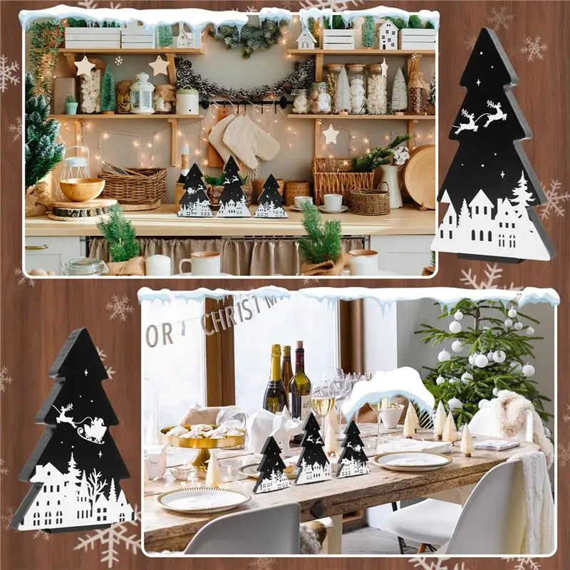 ABKW-For Christmas Tree Wooden Signs Black White 3 Pieces Xmas Tiered Tray Decor For Christmas For Home Tabletop Party Decor(Bla Vue