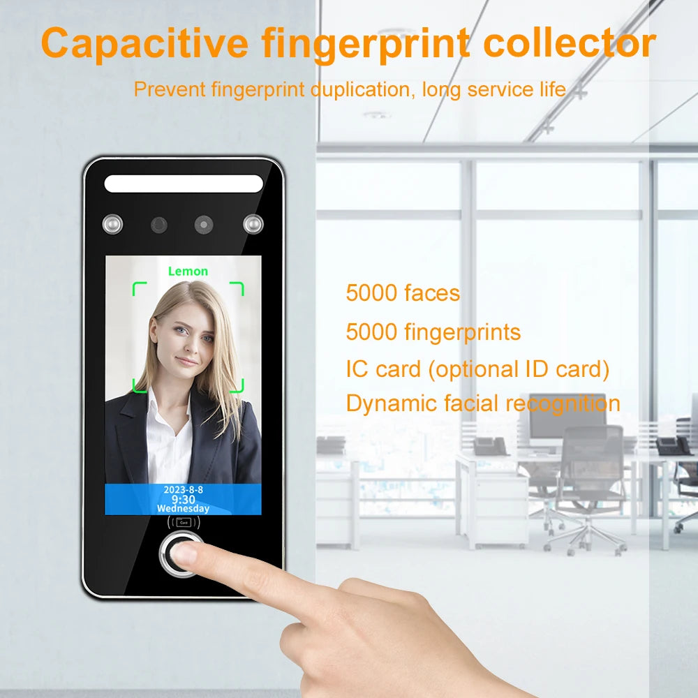 Access Control System WIFI TCP Fingerprint Recognition Dynamic Face Biometric RFID Attendance Machine 5 Inch Full View HD Screen Vue