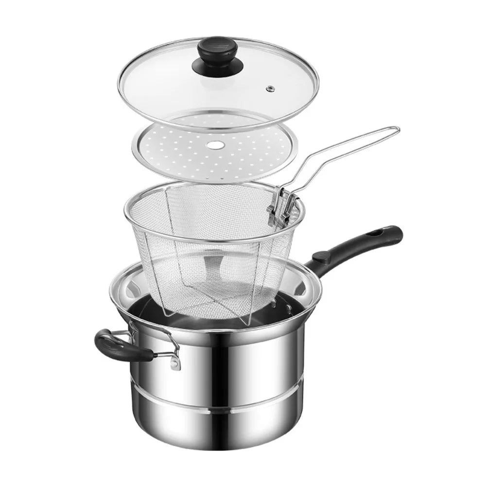 Household Stainless Steel Deep Fryer Pot with Frying Basket and Steamer Visible Lid Pasta Pot Japanese Stockpot Tempura Vue