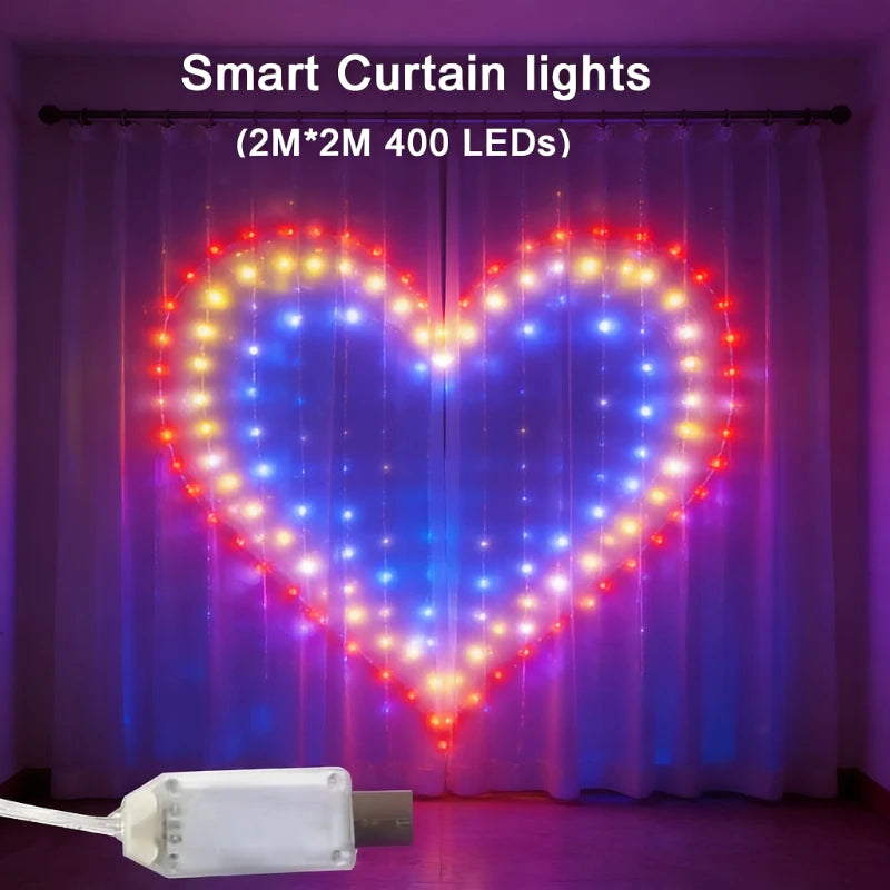 400LEDs Smart Curtain Lights, Bluetooth App RGB Fairy String Lights, DIY Music Sync LED Lights for Window Bedroom Decoration Vue 2X2M 400LED USB