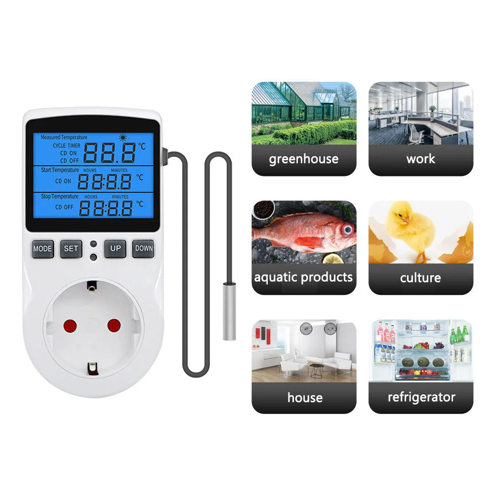 EU/US/UK/AU/FR 3680W Thermostat Temperature Controller LCD Backlit Digital Thermostat Heating Cooling Control Mode Plug in Timer Vue