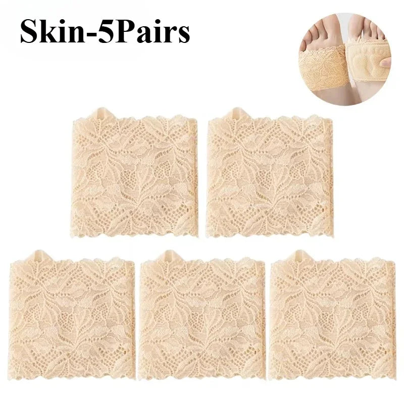 1-10Pairs Women Half Toe Socks Lace Trim No Show Anti Slip for High Heels Pumps Flats Breathable Thin Invisible Summer Vue Skin-5Pairs One Size