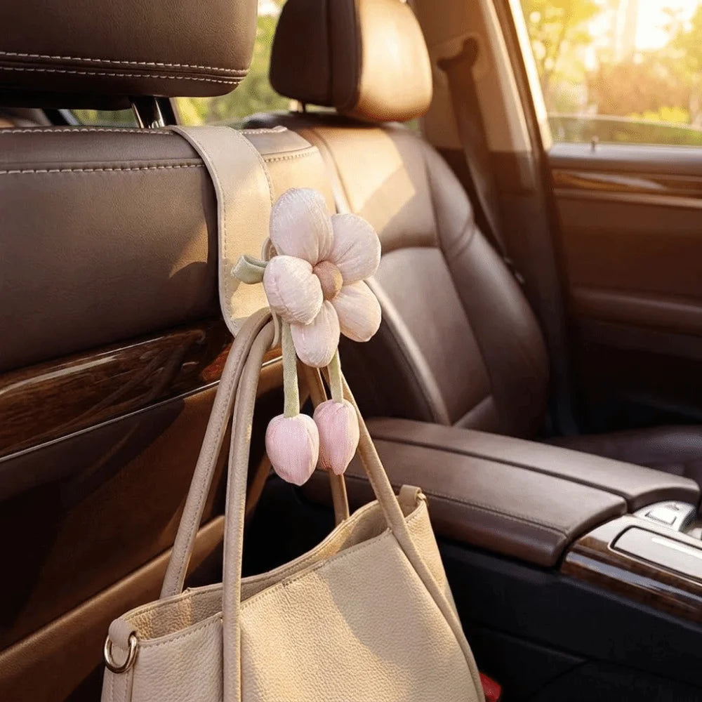 Portable Car Back Seat Hooks Leather Decorative Automotive Storage Hanger Space Saver Cute Tulip Flower Car Hooks Family Car Vue