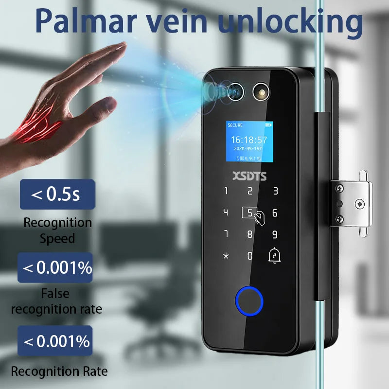 3D Glass Facial Recognition Office Smart Lock, Tuya WiFi Smart Door Lock with Palm Vein, Fingerprint, Password, IC Card Multiple Vue
