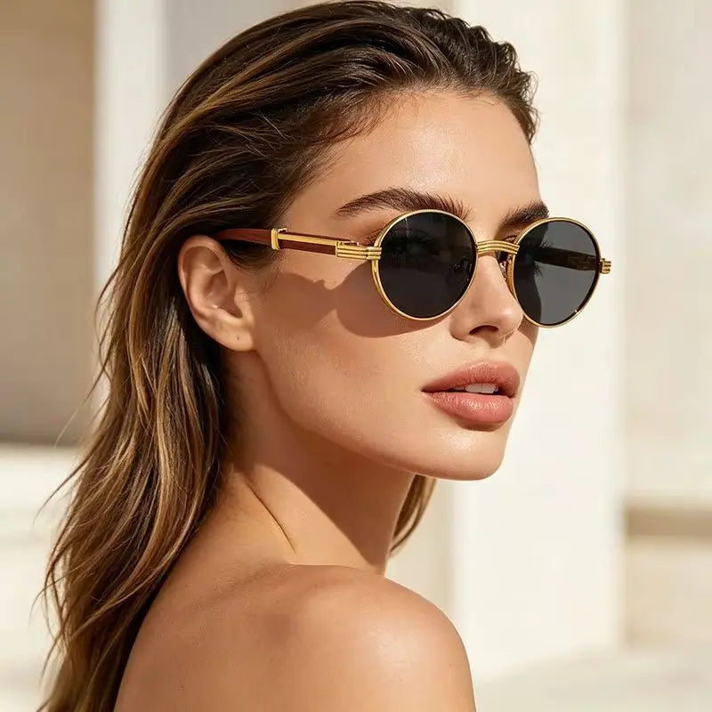 Retro Oval Metal Sunglasses | Wood Grain Legs & Gradient Lenses Fashion Sunglasses Vue