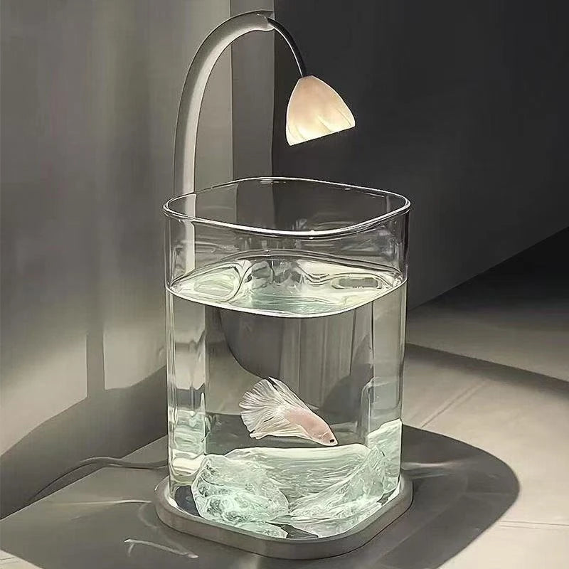Glass Mini Fish Tank With Ice Crystals And Pearl Rhinestone Desktop Eco Betta Aquarium Complete Set For Home Table Decor Gift Vue