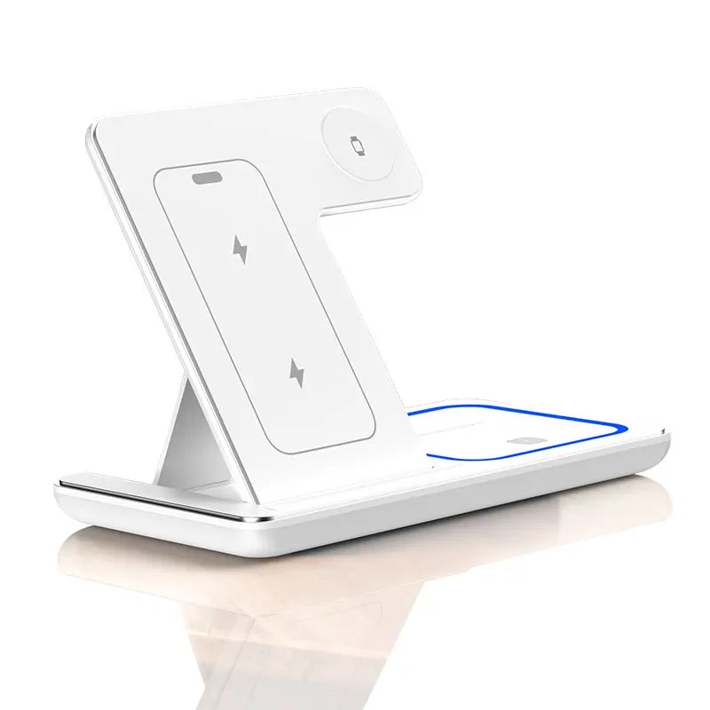 Foldable 3 In 1 Wireless Charger Pad Stand For iPhone 15 14 13 12 8 X XR Apple Watch 8 7 6 Airprods Fast Charging Dock Station Vue white