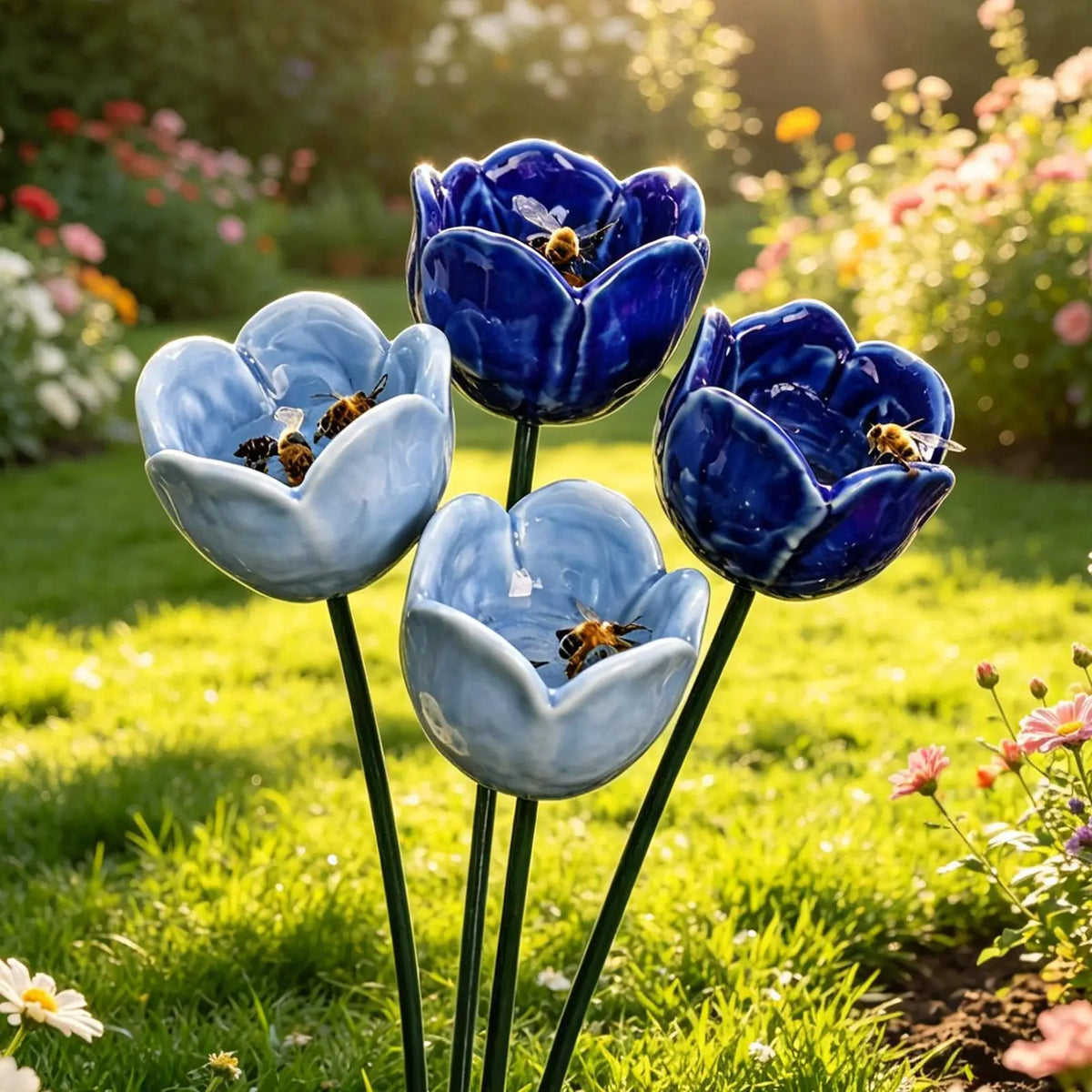 4PCS Ceramic Bee Watering Cups, Handmade Flower Shaped Garden Decor, Butterfly Hummingbird Drinking Station for Outdoor Yard Vue