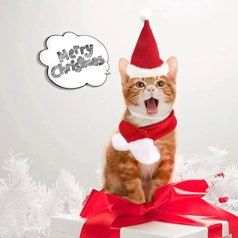 1-10PC Pet Christmas Hat and Scarf Set Adjustable Soft Outfit Holiday Costume for Cats and Small Dogs Party Dress Up Accessories Vue