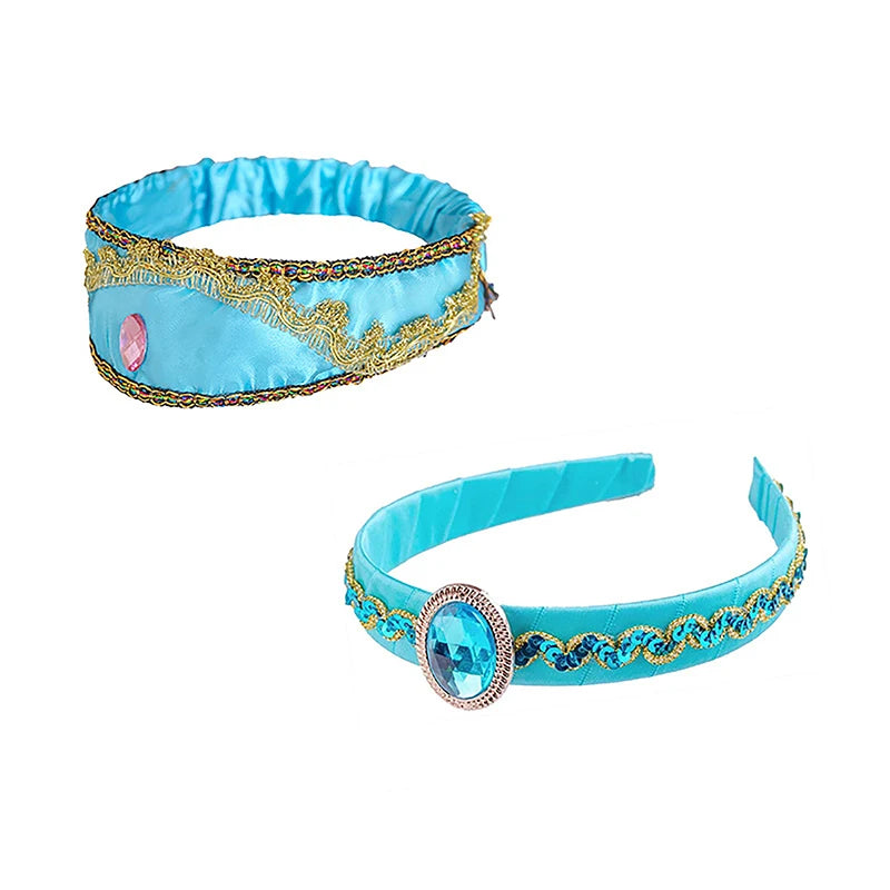1PCS Girls Jasmine Blue Headbands Large Crystal Children Headwear Arabian Princess Hair Bands For Cosplay Party Hair Accessories Vue