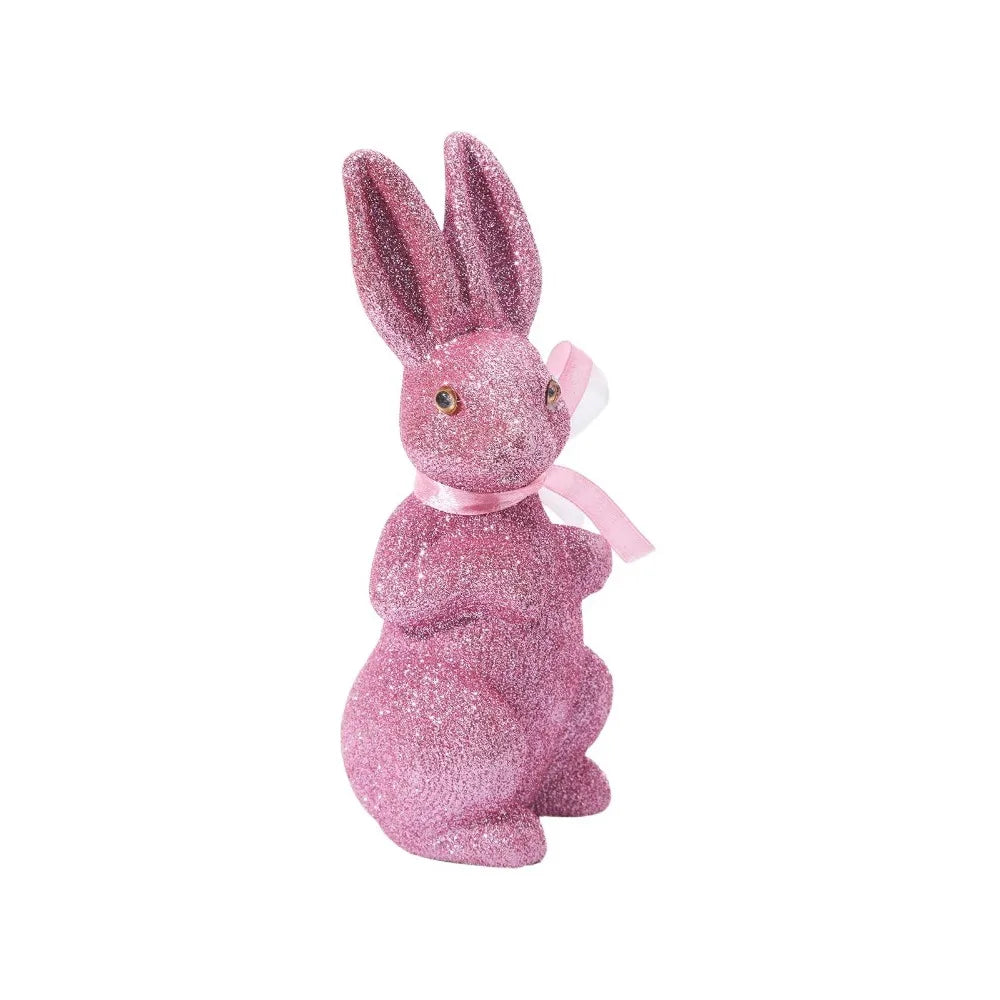 Creative Simulated Easter Bunny Figurine Cute Colorful Foam Rabbit Figures Decorative with Ribbon Glitter Bunny Figurine Garden Vue Pink